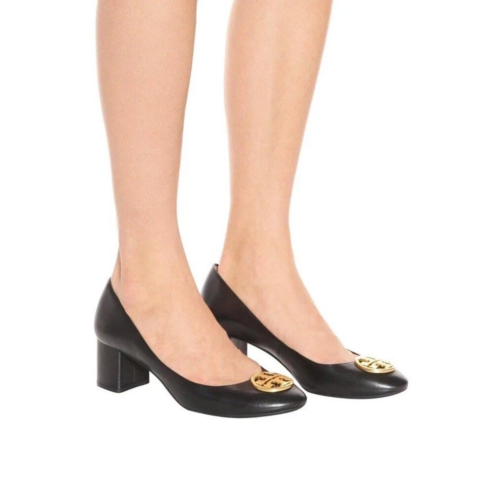 Tory Burch Pump Heels Chelsea Perfect Black Nappa Leather Gold Logo Size 11
